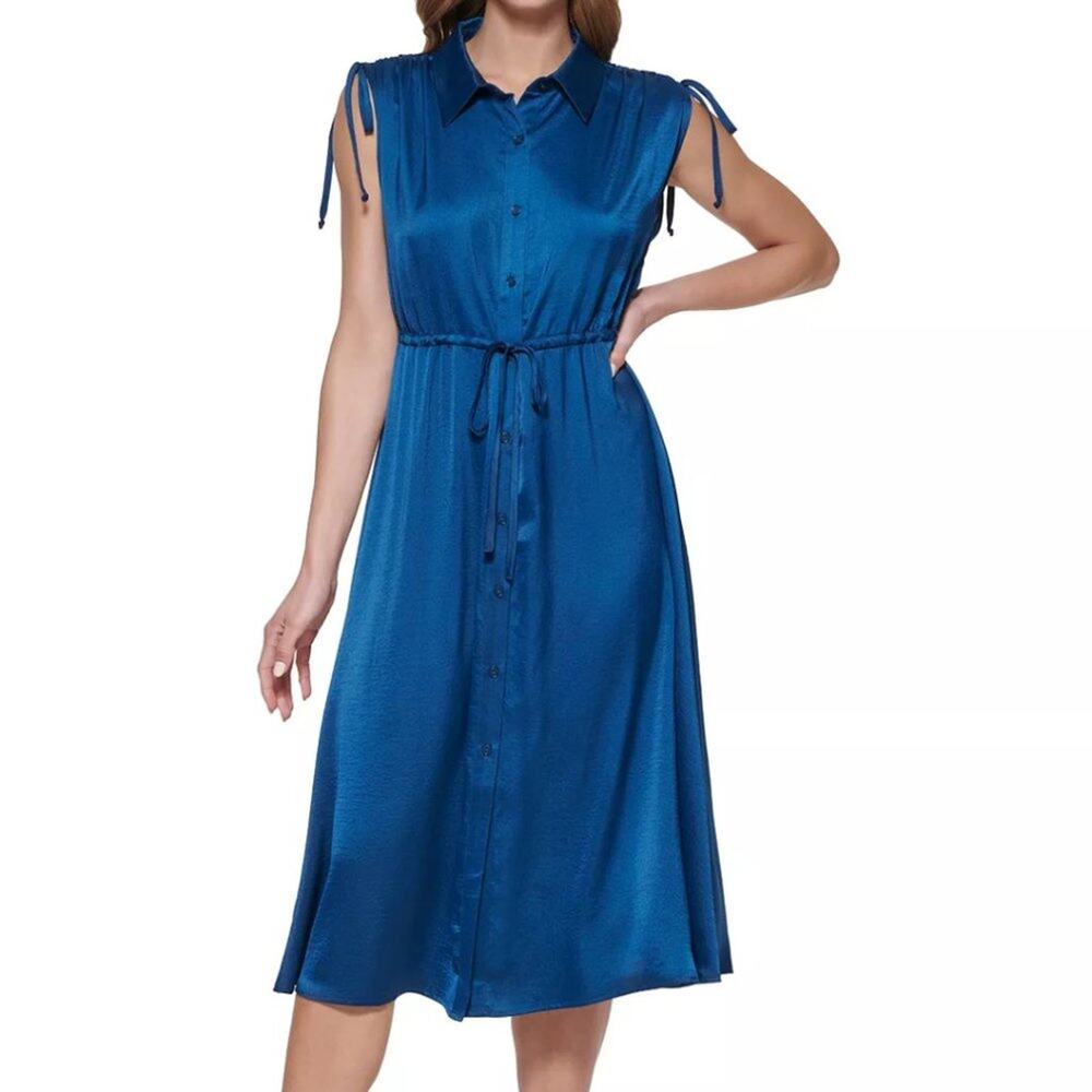 DKNY Tie-Shoulder Collared Button-Down Midi Dress in Dark Jade – NWT Size 12